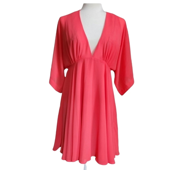 Forever 21 Dresses & Skirts - Forever 21 Front Deep V Flutter Sleeve Flowy Summer Dress Bright Coral Size L